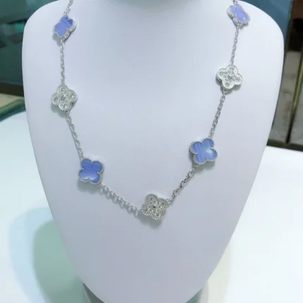[Van Cleef Arpels]CLOVER 10 MOTIFS CHALCEDONY DIAMONDS SILVER NECKLACE